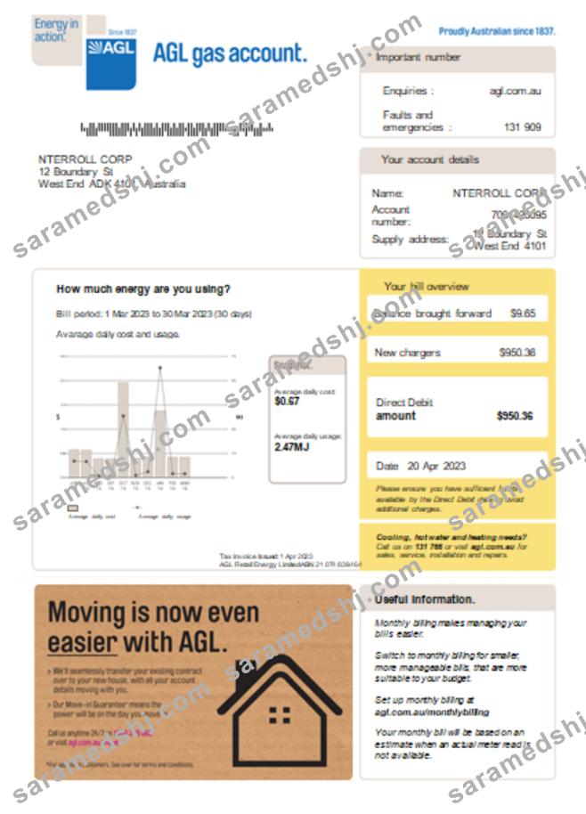 AGL gas utility business bill SCR